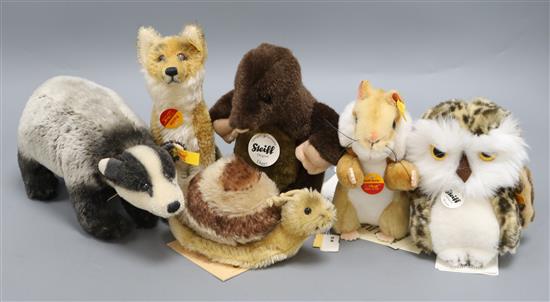 Six Steiff yellow tag toys: Fuchs (fox), Suggy Snail, Dachs (badger), Goldie Hamster and Diggy Manlwurf Mole and a Steiff Owl